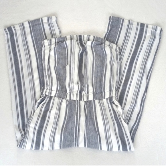 Naked Zebra Pants - Naked Zebra Denim Blue & White Stripe Rayon Strapless Cropped Pantsuit Jumper S